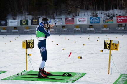 Spc. Thomas Echelberger shoots at the Biathlon Spring Fling on March 3, 2021, at Fort Kent, Maine. Echelberger placed sixth out of 35 competitors. (Courtesy photo)