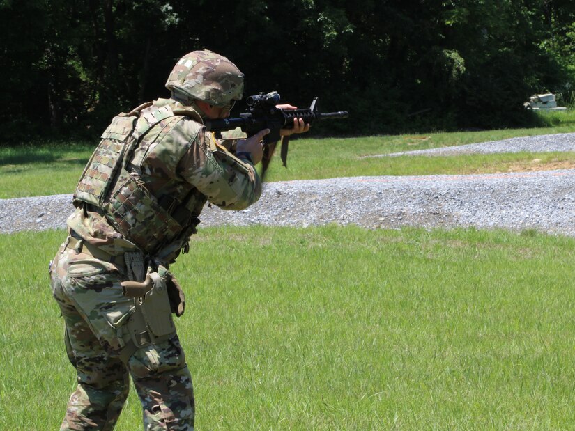 A Pennsylvania National Guard Soldier takes aim with his M4 carbine during the Adjutant General's Combined-Arms Match June 5, 2021, at Fort Indiantown Gap, Pa.