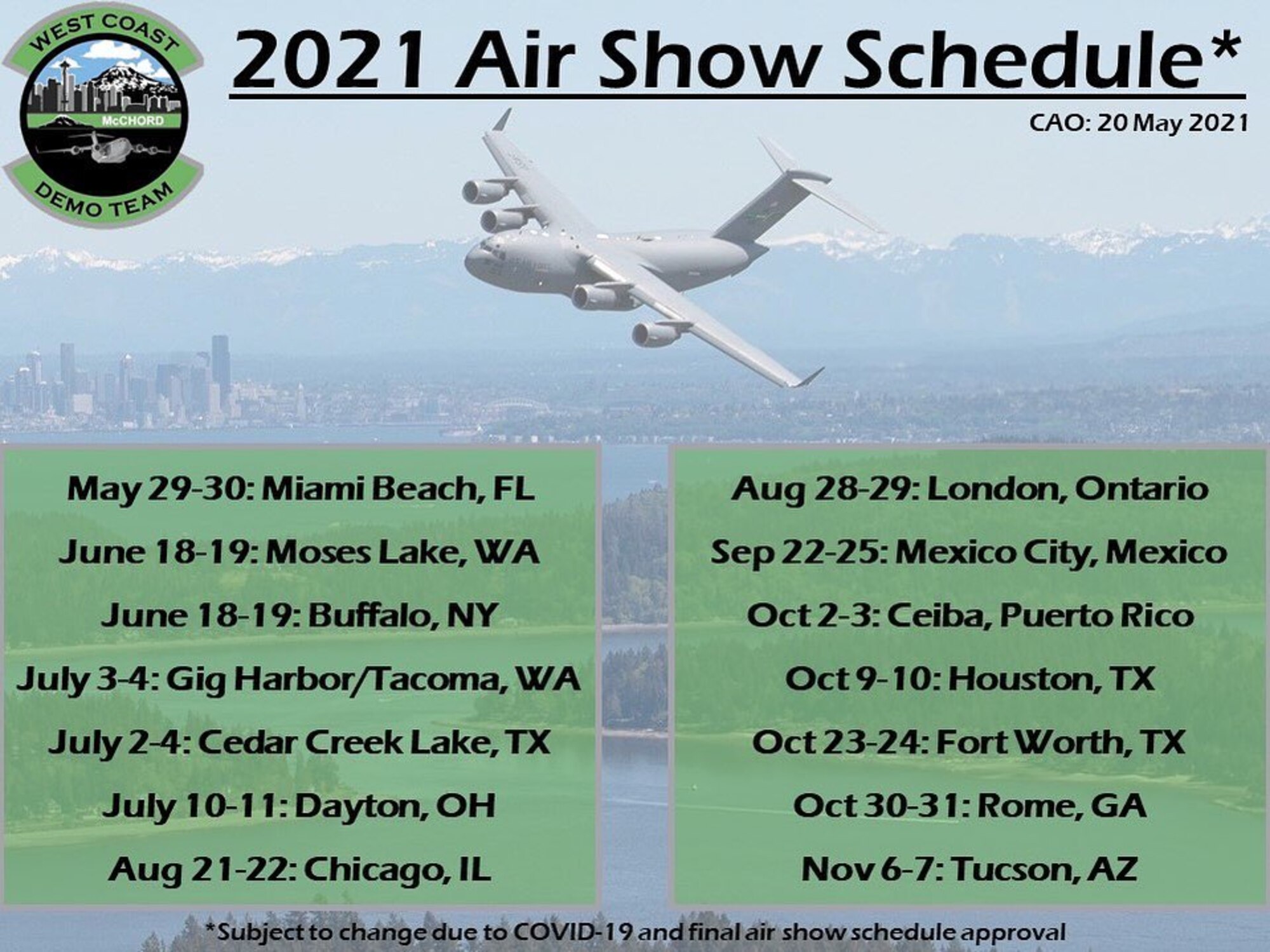 C-17 West Coast Demo Team 2021 Air Show Schedule.
