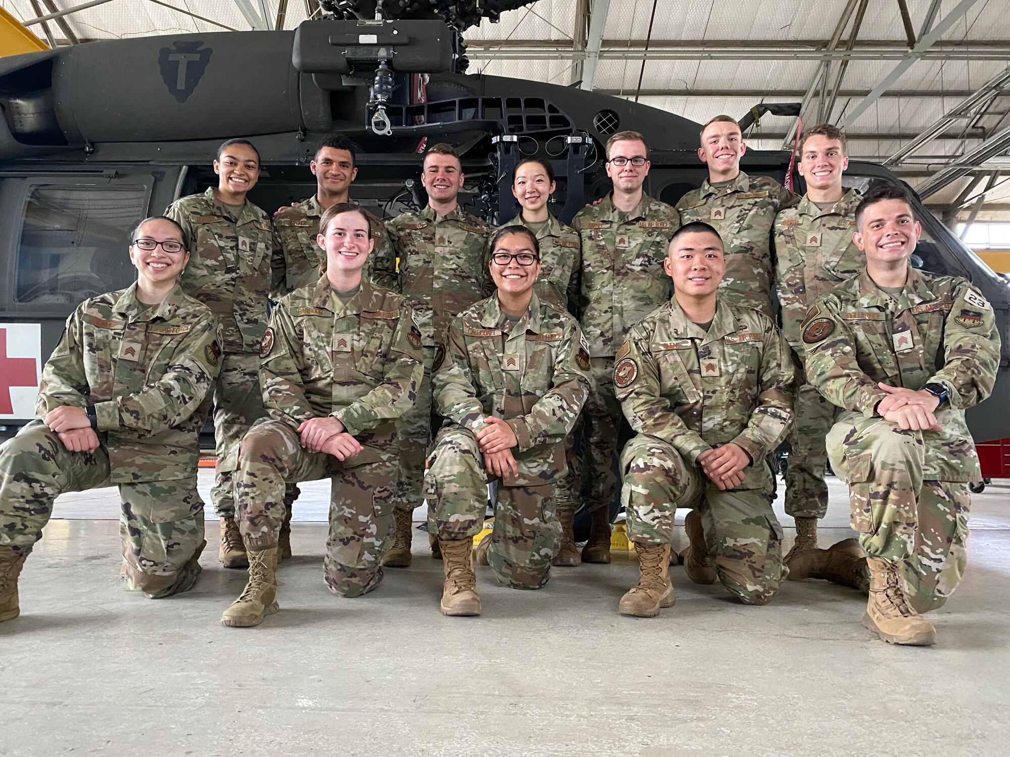 Cadets from the U.S. Air Force Academy pose in front of a UH-60 Blackhawk helicopter at Martindale Army Airfield, San Antonio, Texas, May 28, 2021.