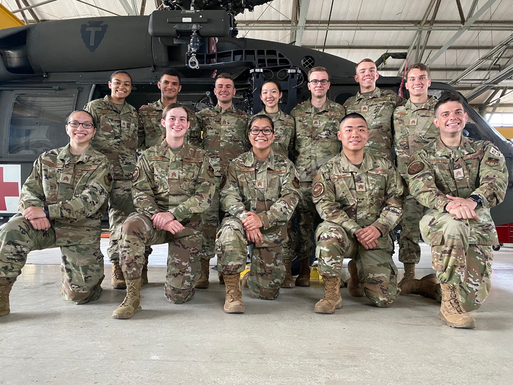 Cadets from the U.S. Air Force Academy pose in front of a UH-60 Blackhawk helicopter at Martindale Army Airfield, San Antonio, Texas, May 28, 2021.