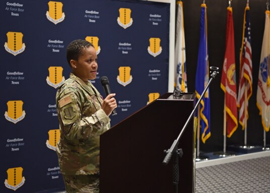 U.S. Air Force Col. Lauren Byrd, 17th Medical Group outgoing commander, offers remarks during the change of command ceremony at the Event Center on Goodfellow Air Force Base, Texas, June 8, 2021. Byrd thanked her family, leadership, and friends for their constant support during her time as commander. (U.S. Air Force photo by Senior Airman Abbey Rieves)