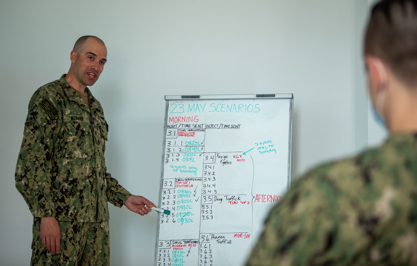 Lt. Cmdr. Evans Werner, operations officer for NR CNE-CNA-C6F MPP DET 205, leads a scenario timeline meeting during exercise Phoenix Express 2021 hosted by Tunisia from May 17-28, 2021. Phoenix Express, conducted by U.S. Naval Forces Africa, is an at-sea maritime exercise designed to improve cooperation among participating nations in order to increase maritime safety and security in the Mediterranean. (U.S. Navy photo by Mass Communication Specialist 2nd Class Daniel Charest)