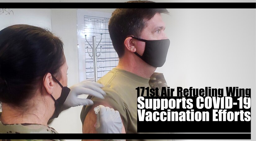 Col. Mark A. Goodwill, Wing Commander of the 171st Air Refueling Wing, Pennsylvania Air National Guard, receives vaccination for COVID-19 from 1st Lt. Heather M. Edsall, registered nurse assigned to 171st ARW Medical Group, in Coraopolis, Pennsylvania, Jan. 23, 2021.