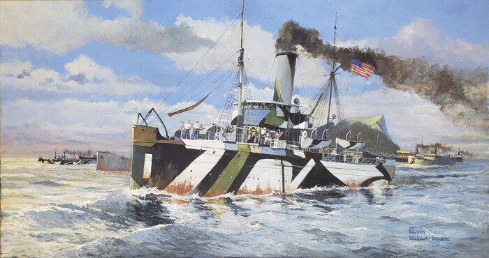 A painting by Artist Michael Daley, MBE, GAvA; portraying the CGC MANNING escorting a convoy out of Gibraltar during World War I