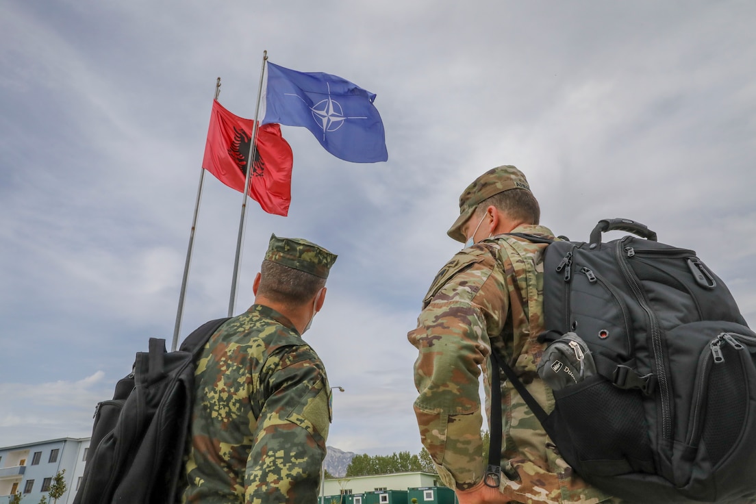 Command Sgt. Maj. Robert Abernethy, United States Army Europe and Africa, and Command Sgt. Maj. Sean Howard, 21st Theater Sustainment Command, visited troops in Albania supporting #DefenderEurope 21.