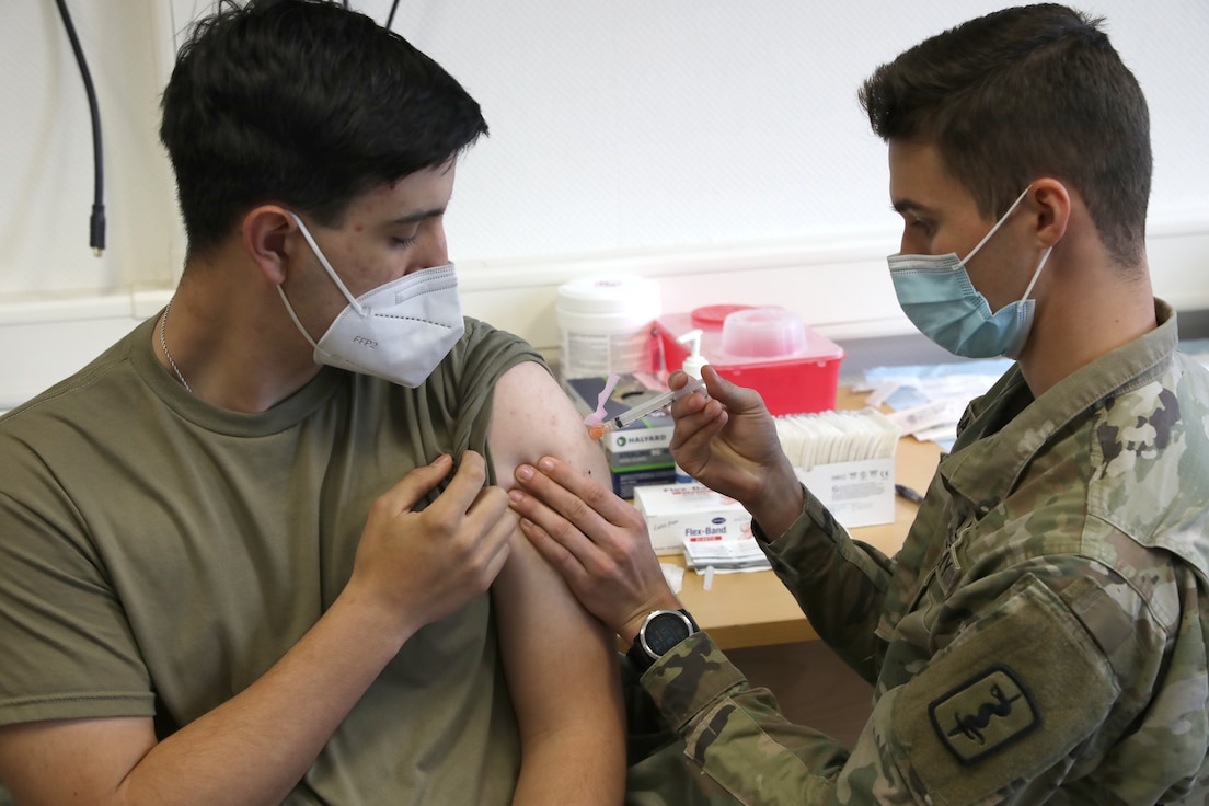 Soldiers receive the J&J COVID-19 vaccine at a vaccination rodeo in Kaiserslautern, Germany.