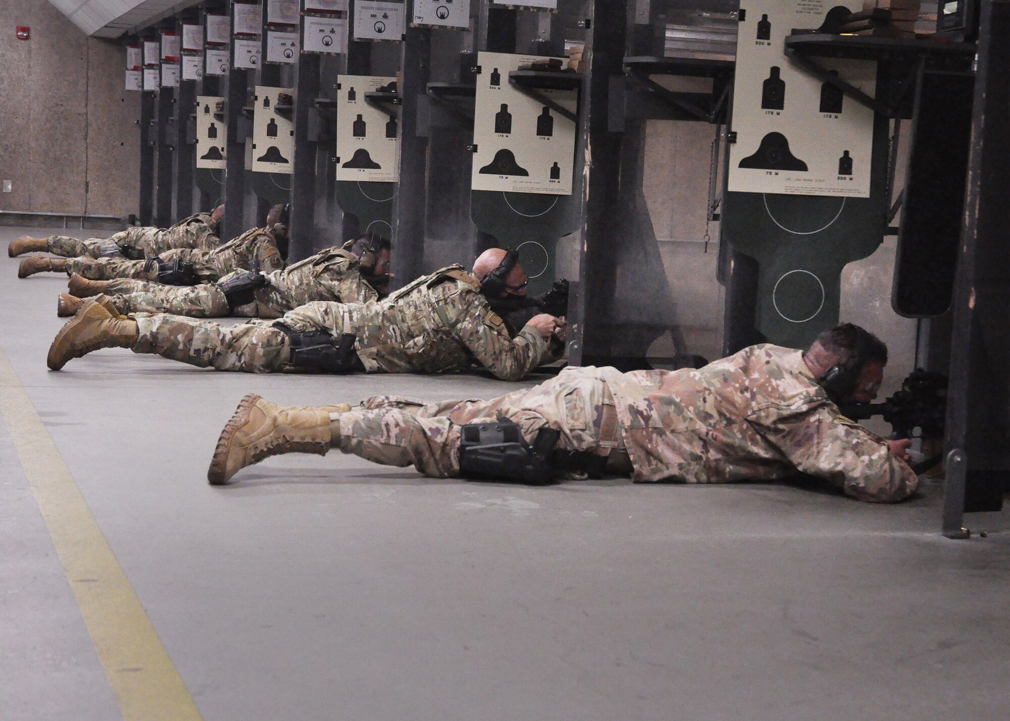 Reserve Citizen Airmen from the 445th Security Forces Squadron fire in the prone position during the May 2, 2021 unit training assembly. The bi-annual requirement began with classroom instruction, followed by range qualification. The combat arms training helps security forces Airmen maintain readiness. The combat arms training helps security forces Airmen maintain readiness.