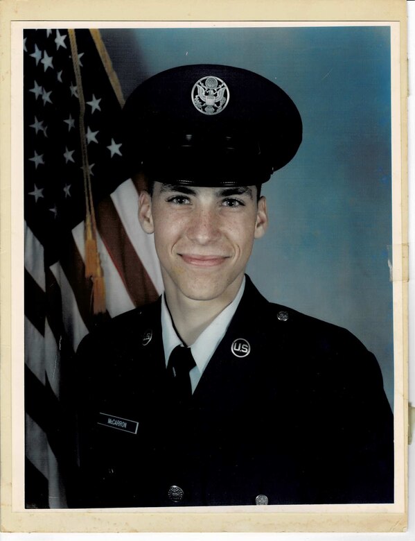 Airman Basic Brady McCarron poses for a portrait during Air Force Basic Military Training at Lackland Air Force Base, Texas, in September 1987. McCarron initially served as a supply Airman before retraining into public affairs, retiring in 2007. (Courtesy photo)