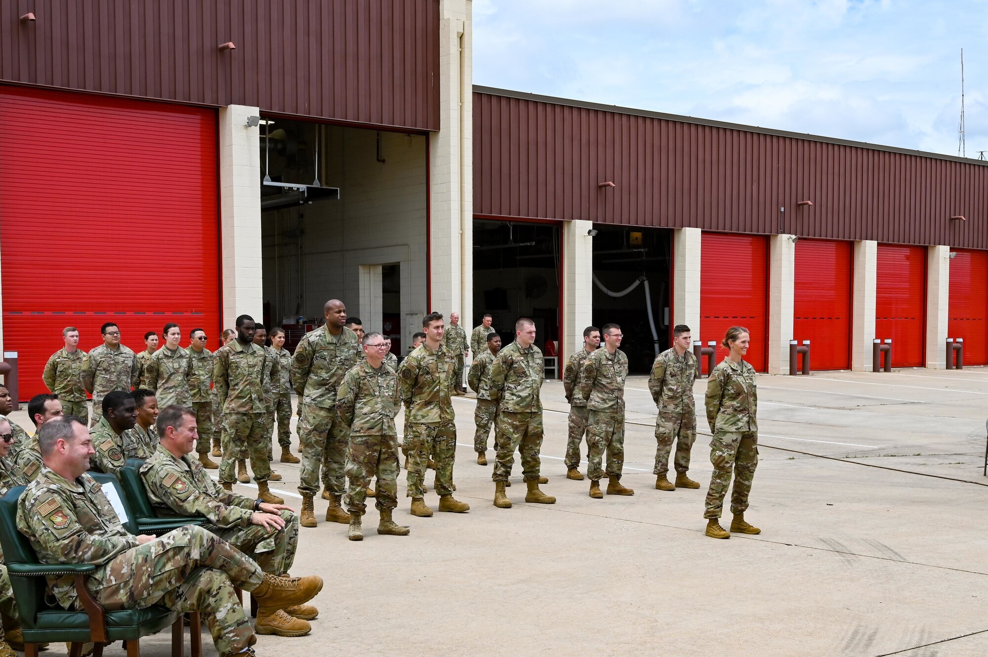 The 507th Civil Engineer Squadron stands in formation during an outdoor change of command ceremony on the flightline June 6, 2021, at Tinker Air Force Base, Oklahoma. (U.S. Air Force photo by Senior Airman Mary Begy