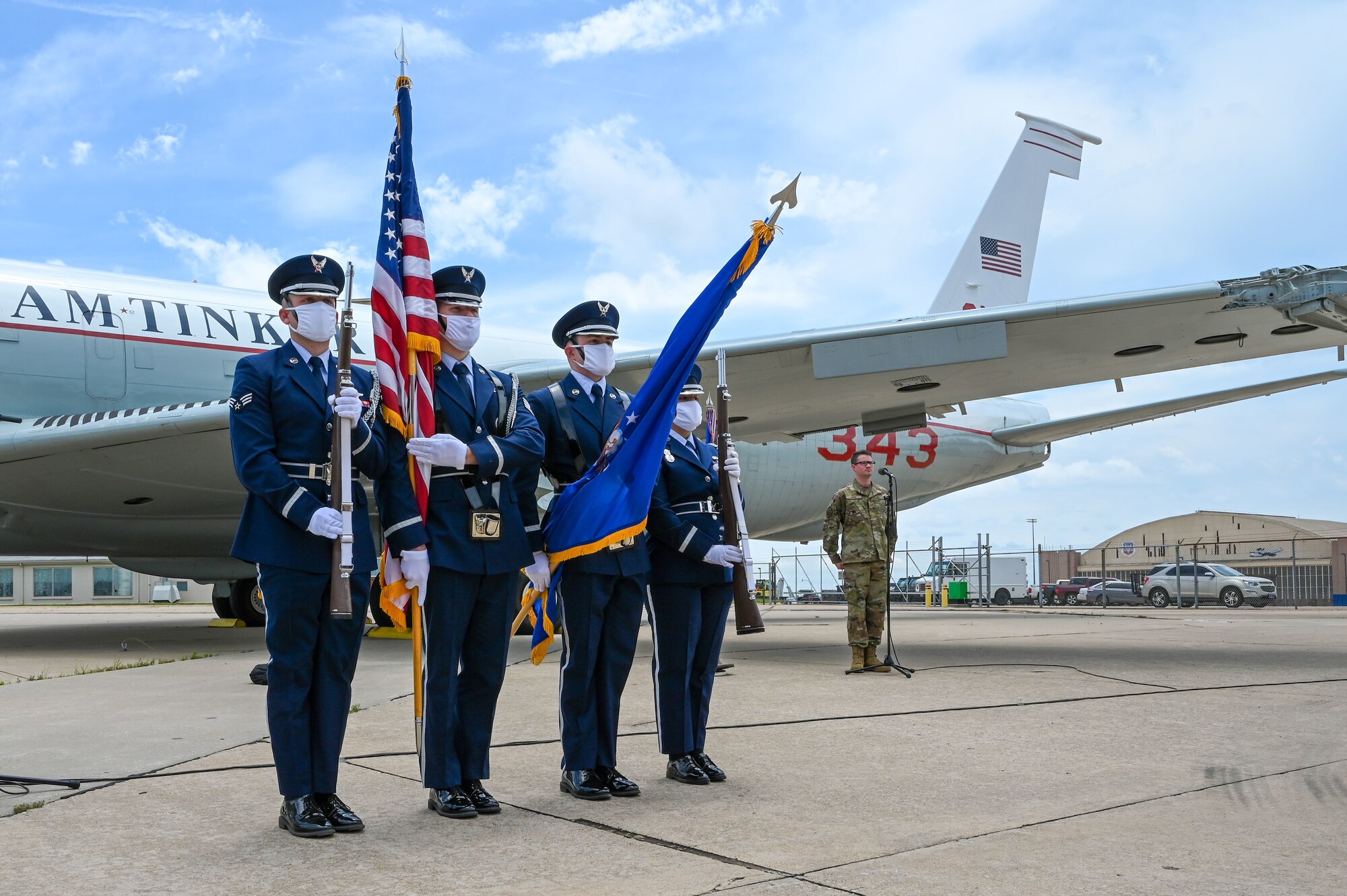 Tinker Air Force Base honor guard presents the colors during an outdoor change of command ceremony on the flightline June 6, 2021, at Tinker AFB, Oklahoma. (U.S. Air Force photo by Senior Airman Mary Begy)