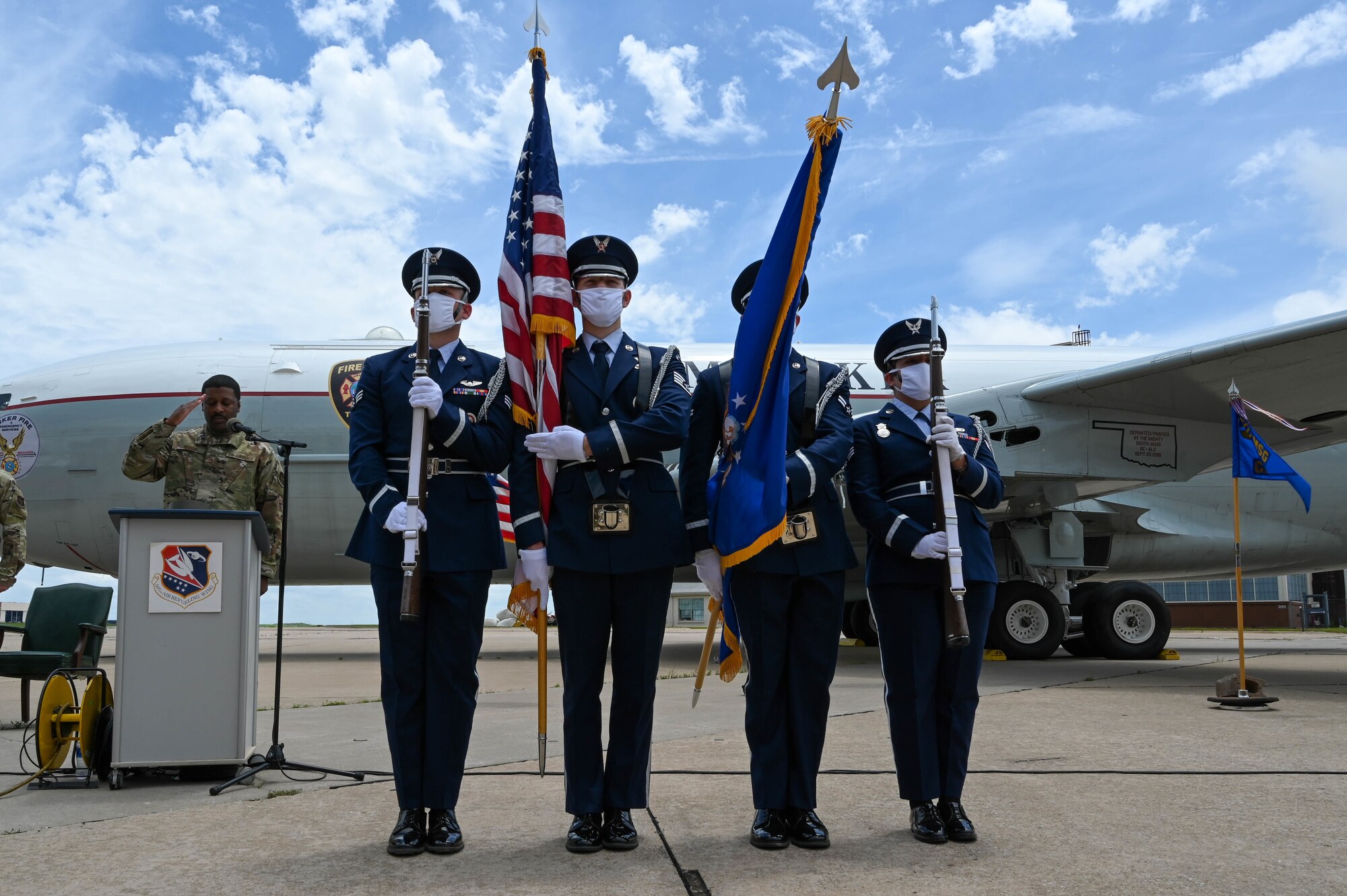 Tinker Air Force Base honor guard presents the colors during an outdoor change of command ceremony on the flightline June 6, 2021, at Tinker AFB, Oklahoma. (U.S. Air Force photo by Senior Airman Mary Begy)