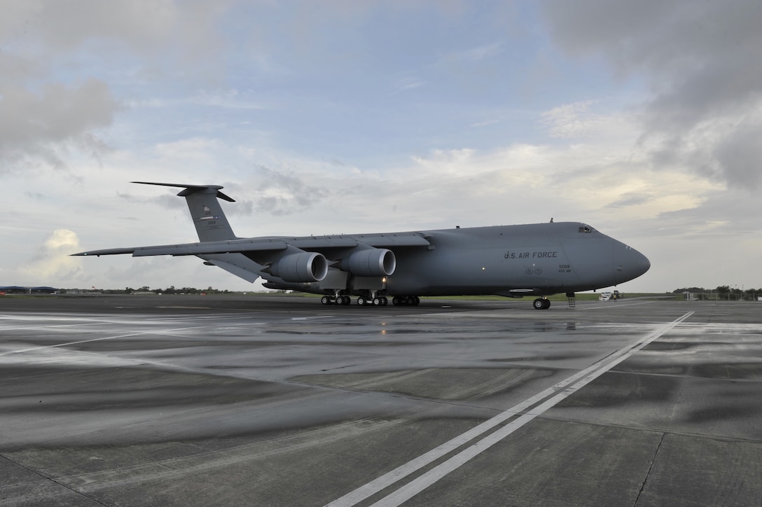 A C-5 Galaxy aircraft arrives in Guyana.