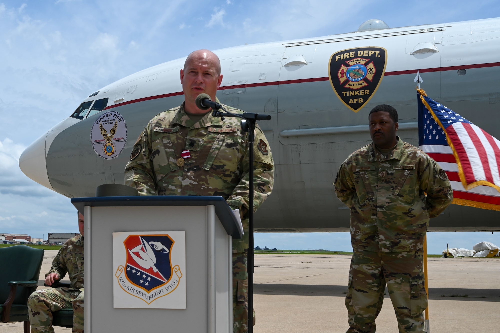 Lt. Col. Dustin Born, 507th Civil Engineer Squadron former commander, adresses his troops during an outdoor change of command ceremony on the flightline June 6, 2021, at Tinker Air Force Base, Oklahoma. (U.S. Air Force photo by Senior Airman Mary Begy)