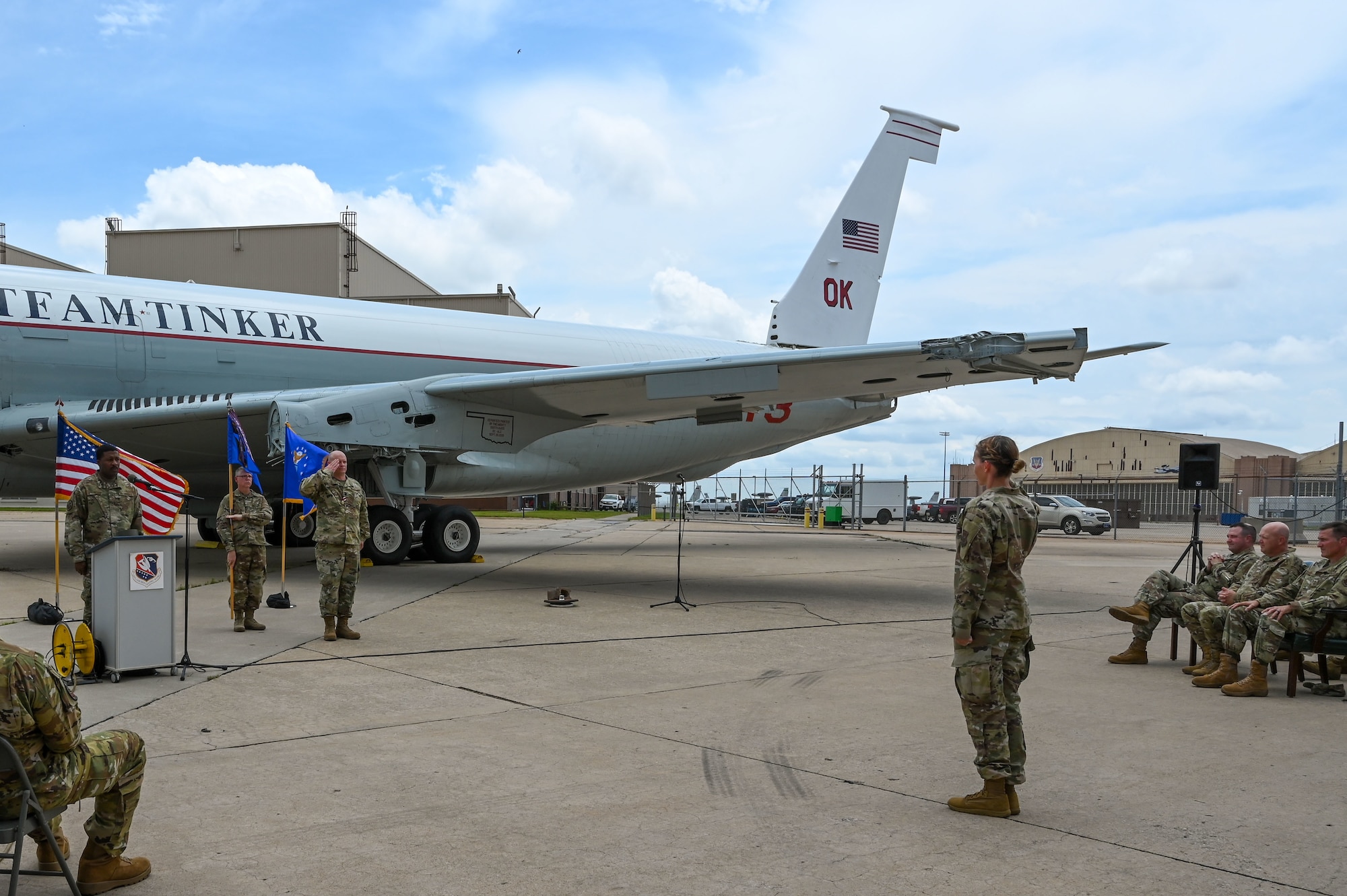 Lt. Col. Dustin Born, 507th Civil Engineer Squadron former commander, gives his last salute as the commander to his Airmen during an outdoor change of command ceremony on the flightline June 6, 2021, at Tinker Air Force Base, Oklahoma. (U.S. Air Force photo by Senior Airman Mary Begy)