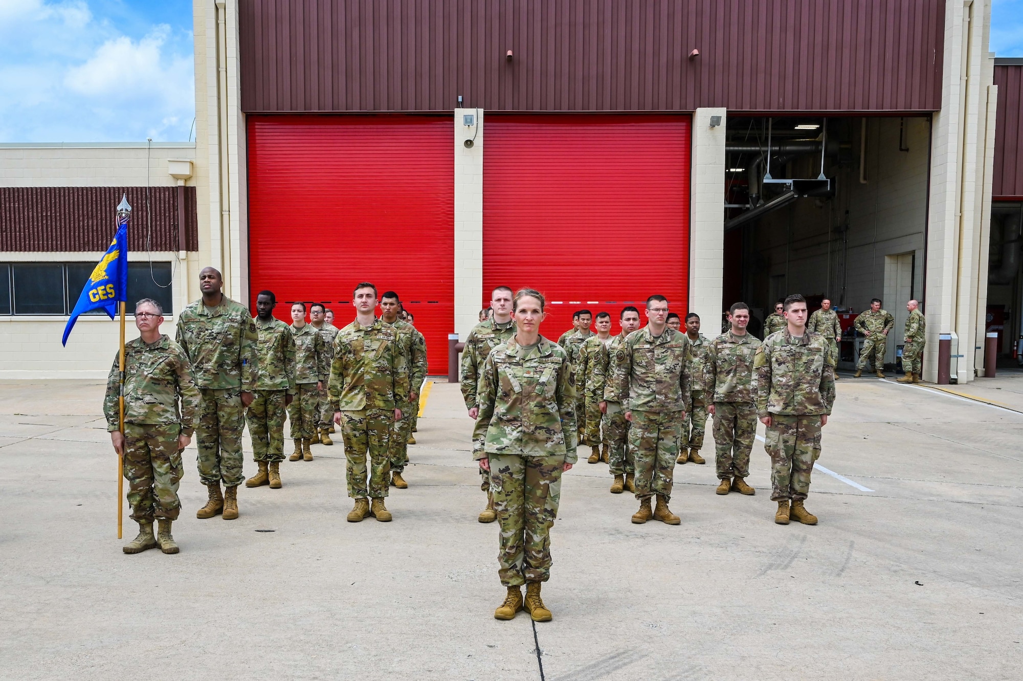 The 507th Civil Engineer Squadron stands at attention during an outdoor change of command ceremony on the flightline June 6, 2021, at Tinker Air Force Base, Oklahoma. (U.S. Air Force photo by Senior Airman Mary Begy)