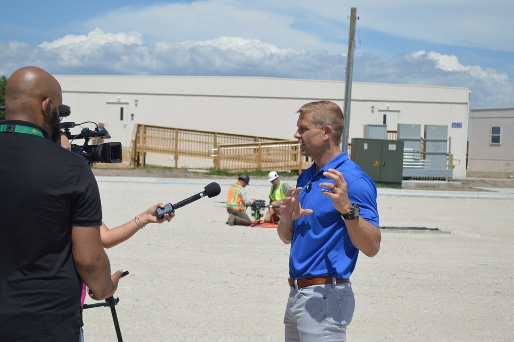 Tyndall Program Management Office integration chief, Lowell Usrey, talks to local media after a drone flight at Tyndall Air Force Base, Florida, June 4, 2021. The drone captured data for a Digital Twin replica of the installation. (U.S. Air Force photo by Sarah McNair)