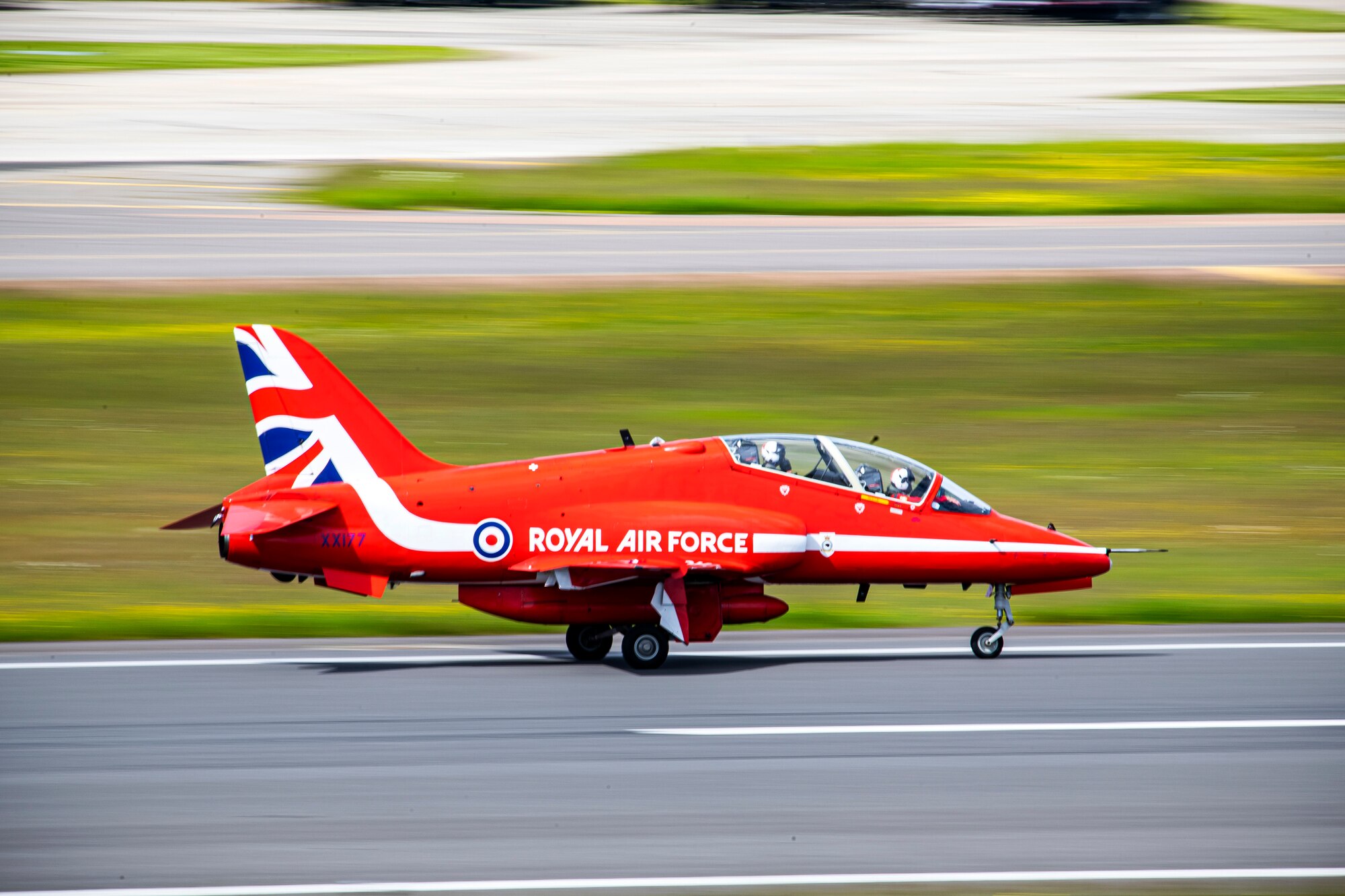 A Hawk T1 aircraft assigned to the Royal Air Force aerobatic team, known as the Red Arrows, taxis on the runway at RAF Fairford, England, June 4, 2021. The Red Arrows landed at Fairford to refuel in preparation for the Midlands Air Festival. (U.S. Air Force photo by Senior Airman Eugene Oliver)
