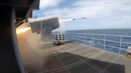 A rolling airframe missile launches from the Nimitz-class aircraft carrier USS Harry S. Truman (CVN 75) during Tailored Ship's Training Availability (TSTA) and Final Evaluation Problem (FEP).