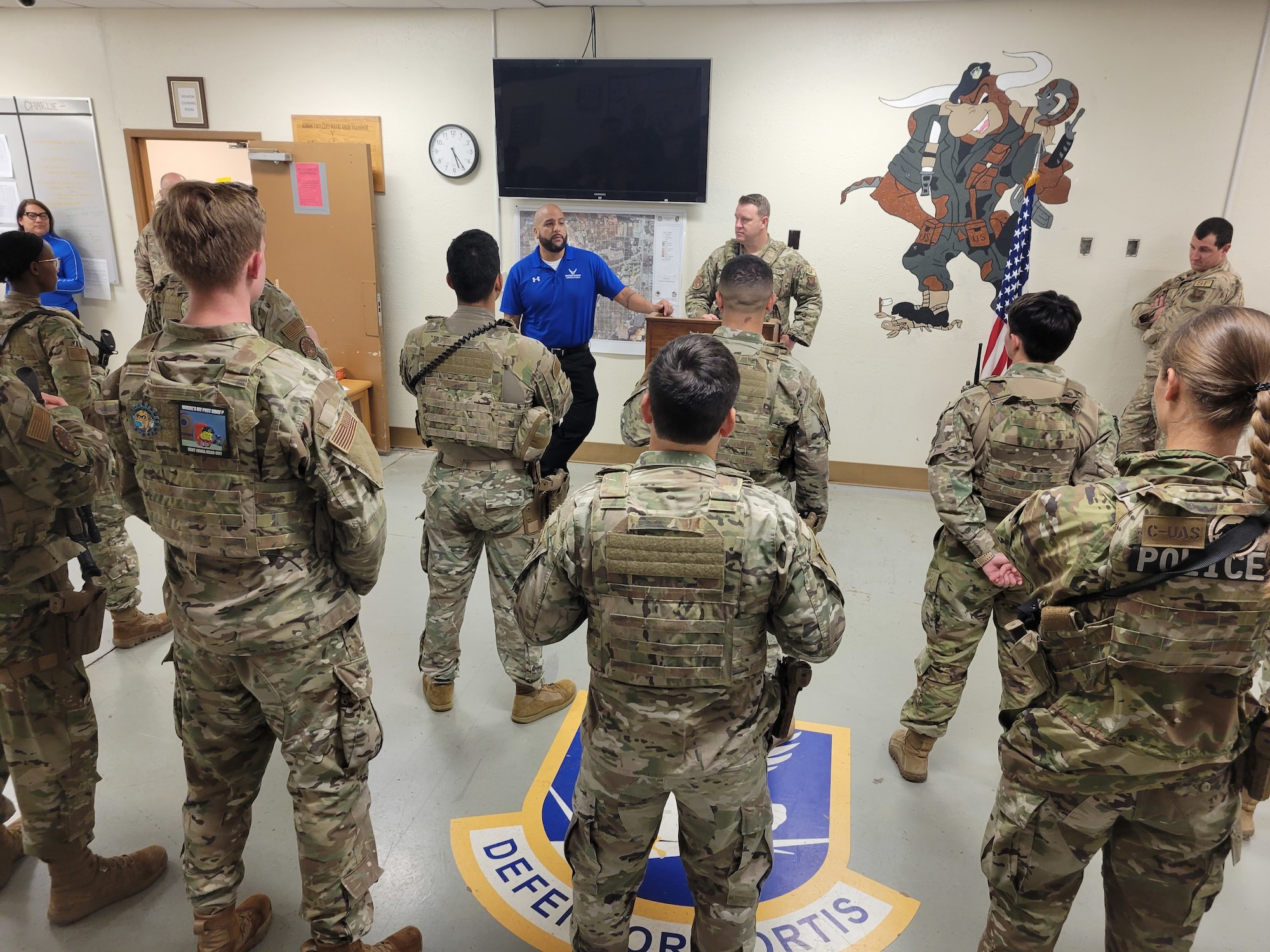 Jonathan Fernandez, AFW2 Support Branch contract lead, briefs the 7th Security Forces Squadron on June 8, 2021 at Dyess Air Force Base, Texas. More than 870 Airmen across Dyess were briefed on the support programs within AFW2 like Empowerment in Transition, Adaptive Sports, Recovering Airmen Mentorship and many others. They also got to hear personal testimonies from AFW2 ambassadors on their own trauma, how they overcame the tough times and how AFW2 assisted in their recovery journey. (Photo by Shannon Hall)