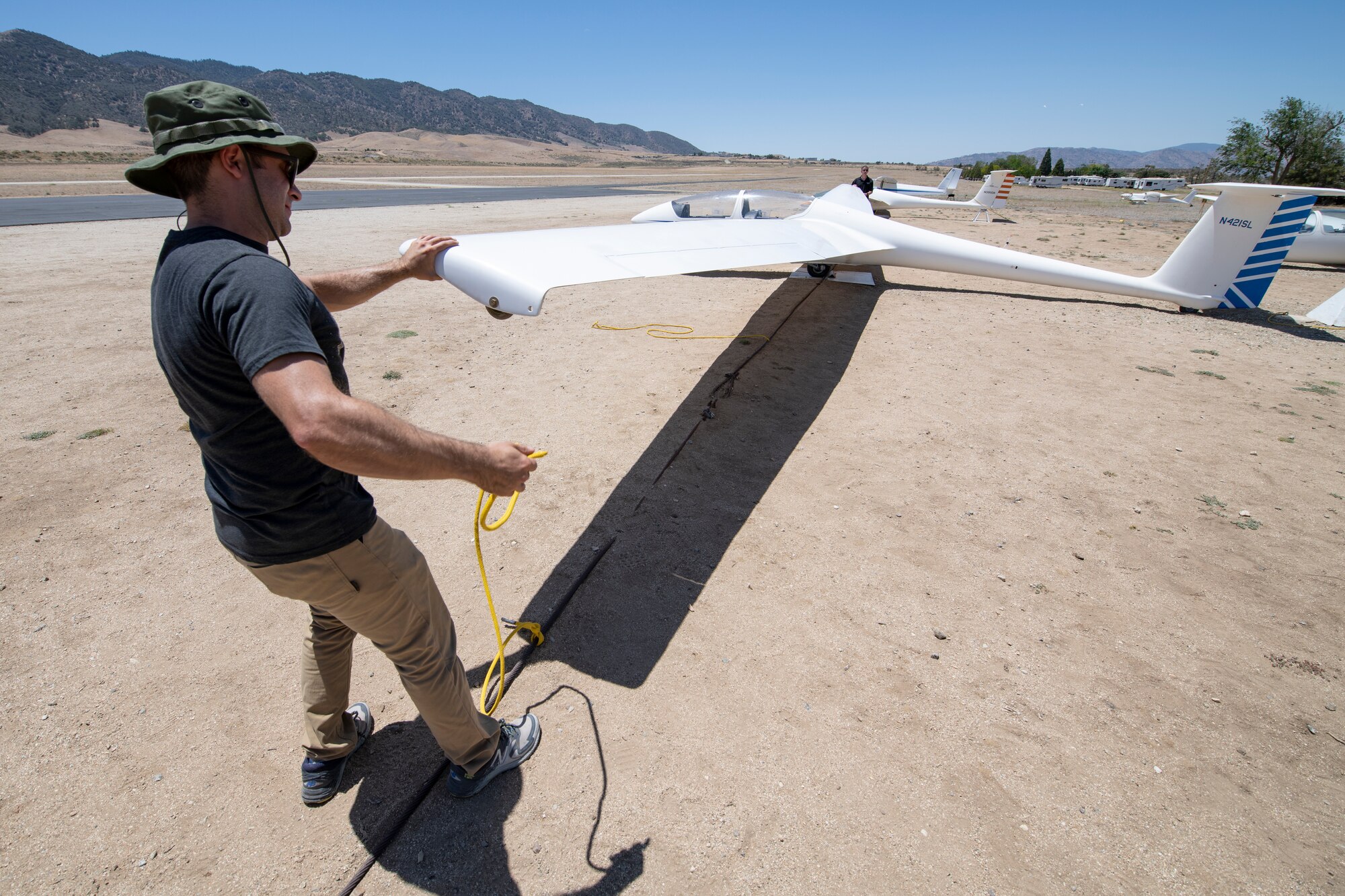 Glider being tied down