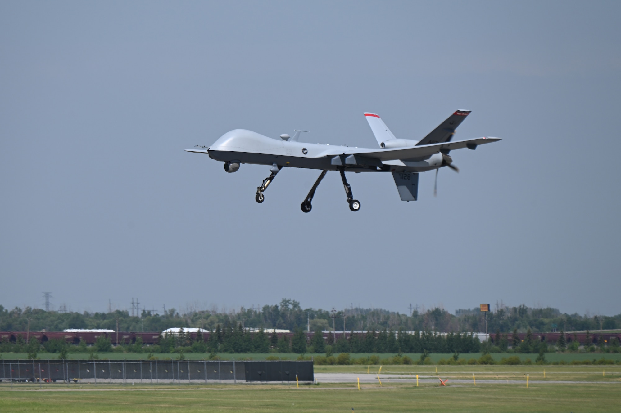 An MQ-9 aircraft launches for flight during Exercise Victory Hooligan at the North Dakota Air National Guard Base, Fargo, N.D., June 9, 2021. (U.S. Air National Guard photo by Chief Master Sgt. David H Lipp)