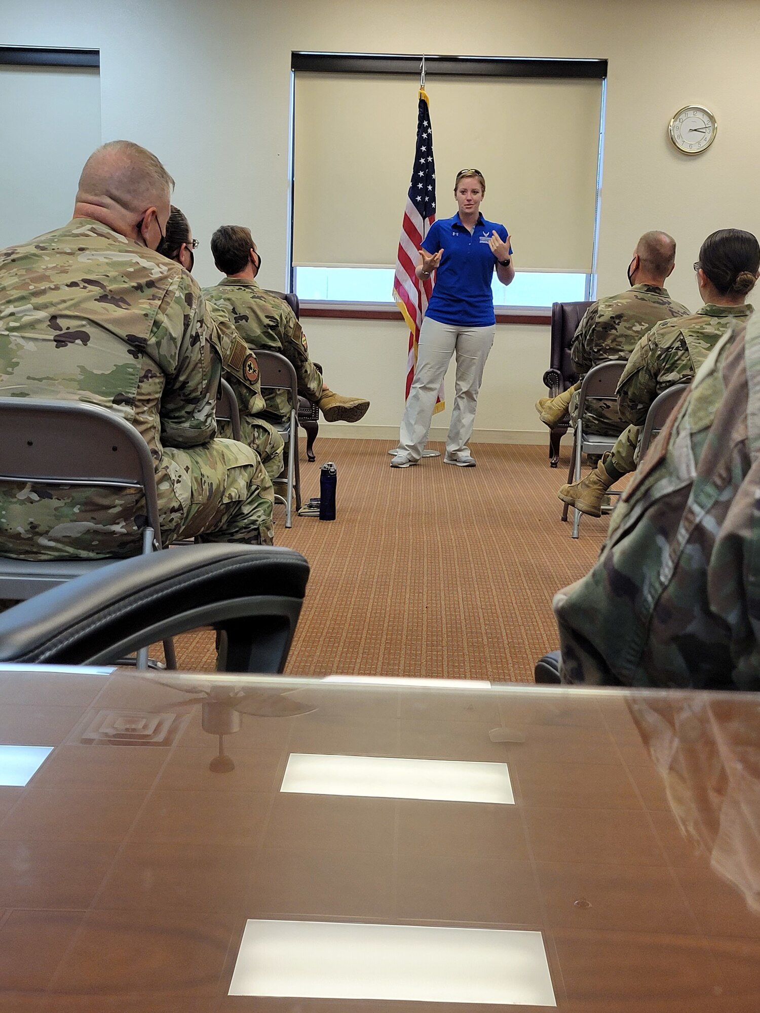 Staff Sgt. Jessica Thelen, AFW2 Ambassador, shares her story of trauma and resiliency with the 7th Bomb Wing Medical Group, Tuesday, June 8, 2021 at Dyess Air Force Base, Texas. The AFW2 Ambassador Program has been on the road this year conducting outreach briefings at multiple bases to inform the Air Force population about the AFW2 program, how it supports Airmen and how leaders can support their Airmen who have been injured, wounded or diagnosed with an illness. (Photo by Shannon Hall)