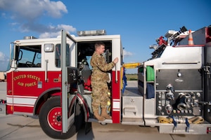 Airman 1st Class, Keith Johnson, 45th Civil Engineer Squadron firefighter, performs a vehicle inspection at Patrick Space Force Base, Fla., May 21, 2021. Johnson was one of the firefighters who responded to the beach April 17 to aid the pilot of a TBM Avenger that crashed in the ocean. (U.S. Space Force photo by Tech. Sgt. James Hodgman)