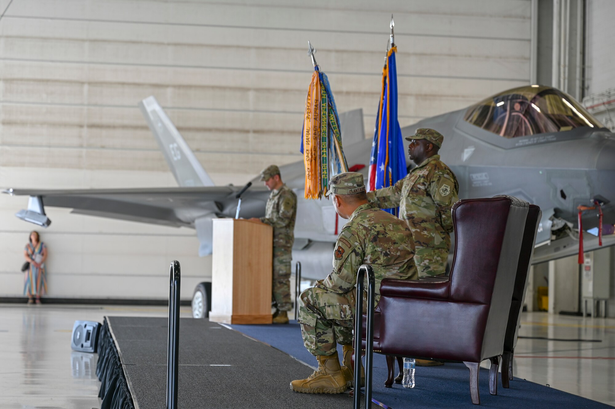 Colonel gives speech during assumption of command.