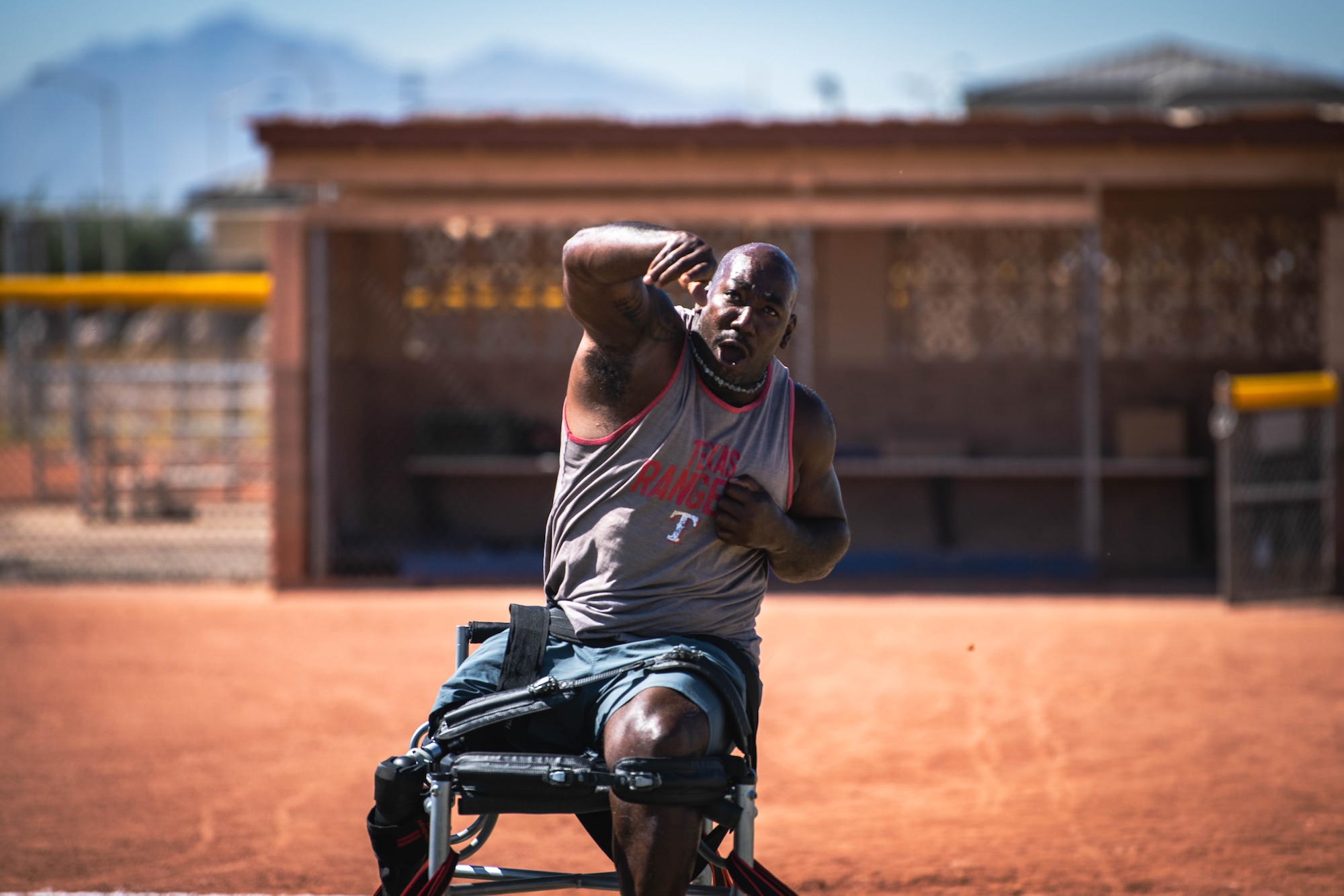 Retired U.S. Army Sgt. Anthony Pome throws a shot put May 27, 2021, at Luke Air Force Base, Arizona.