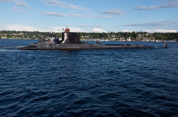 BREMERTON, Wash. – The Seawolf-class fast-attack submarine USS Seawolf (SSN 21) departs Naval Base Kitsap-Bremerton, June 9. U.S. military forces are present and active in and around the Pacific in support of allies and partners and a free and open Indo-Pacific for more than 75 years. (U.S. Navy Photo by Lt. Mack Jamieson/Released)