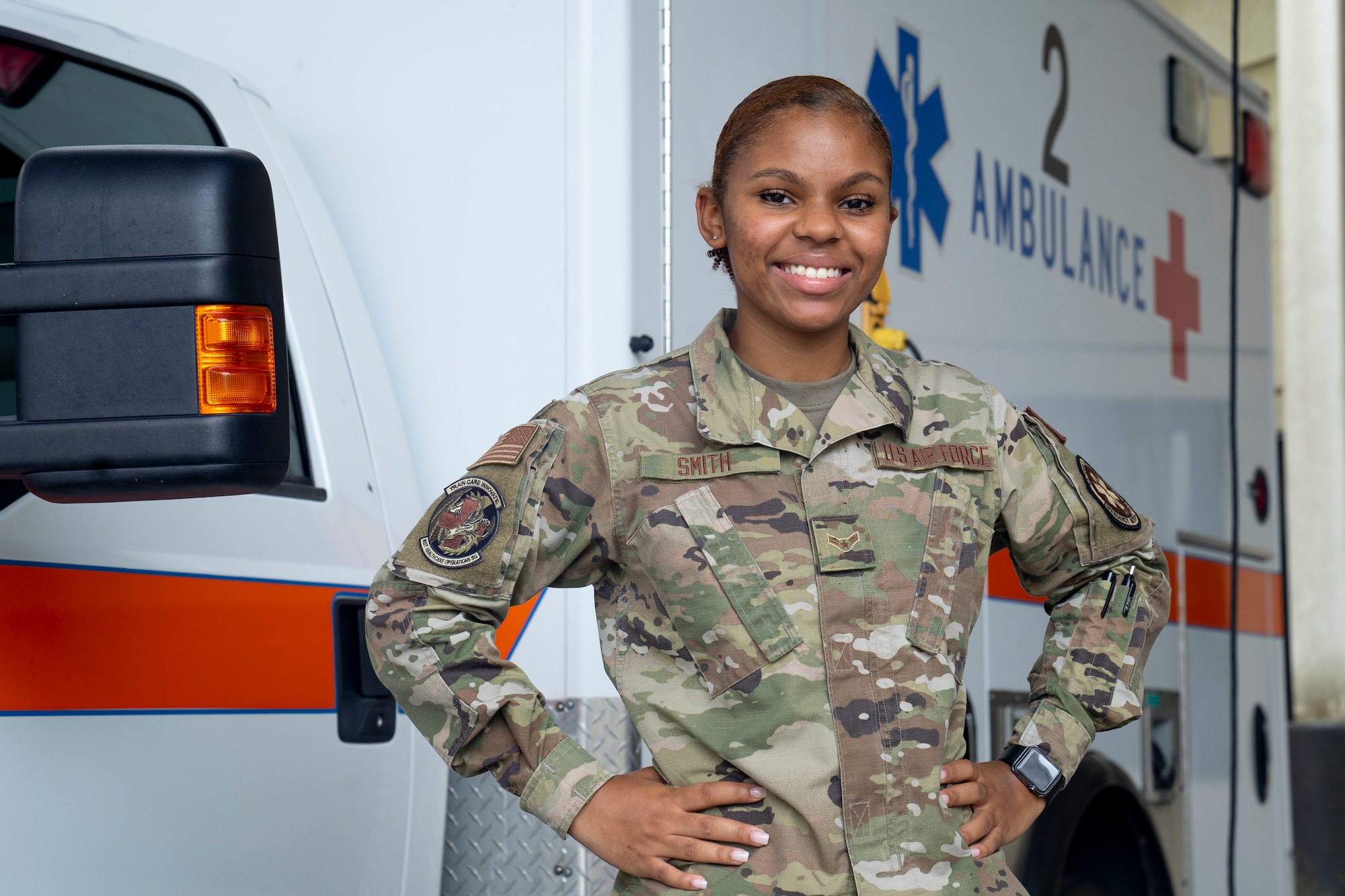 U.S. Air Force Airman 1st Class Alexandria Smith, 81st Healthcare Operations Squadron medical technician, poses for a photo at the Keesler Medical Center on Keesler Air Force Base, Mississippi, June 9, 2021. Smith aims to become a registered nurse, like her mother and grandmother, by commissioning to become an officer. (U.S. Air Force photo by Senior Airman Kimberly L. Mueller)