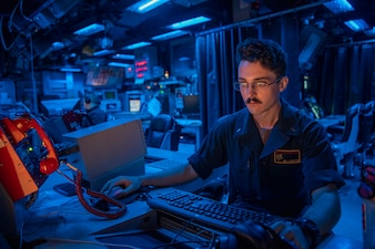 Sailors stand watch aboard USS Shiloh (CG 67).