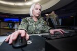 Navy member works on a computer.