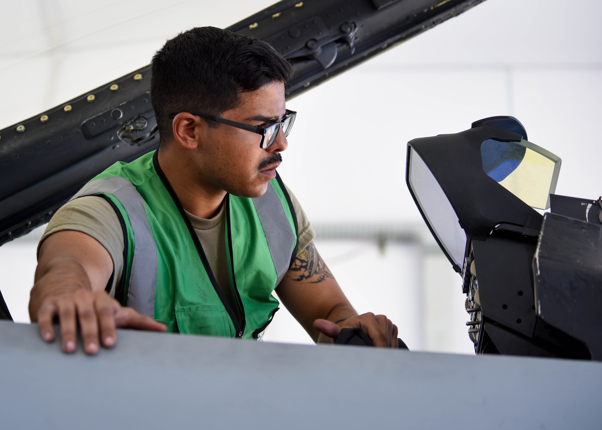 U.S. Air Force Staff Sgt. Michael Montez, 555th Aircraft Maintenance Unit F-16 Fighting Falcon crew chief, inspects a U.S. Air Force F-16 at Amendola Air Base, Italy, June 4, 2021. Approximately 600 personnel from the U.S. Air Force, U.S. Marine Corps, Italian air force, Israeli air force and the United Kingdom Royal air force are participating in Falcon Strike 21.(U.S. Air Force photo by Airman 1st Class Brooke Moeder)