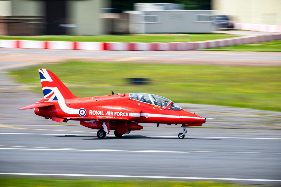 A Hawk T1 aircraft assigned to the Royal Air Force aerobatic team, known as the Red Arrows, taxis on the runway at RAF Fairford, England, June 4, 2021. The Red Arrows landed at Fairford to refuel in preparation for the Midlands Air Festival. (U.S. Air Force photo by Senior Airman Eugene Oliver)