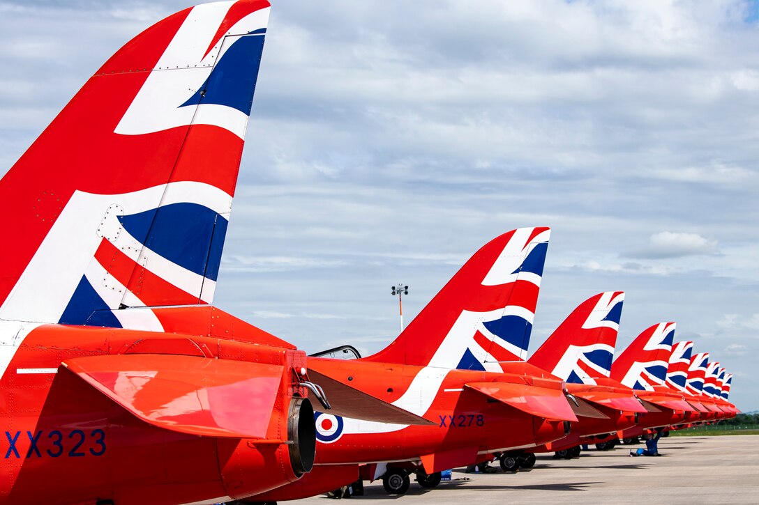The Royal Air Force aerobatic team aircraft, known as the Red Arrows, rest on the flightline at RAF Fairford, England, June 4, 2021. The Red Arrows landed at Fairford to refuel in preparation for the Midlands Air festival. (U.S. Air Force photo by Senior Airman Eugene Oliver)