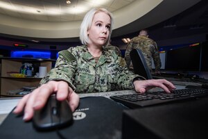 Navy member works on a computer.