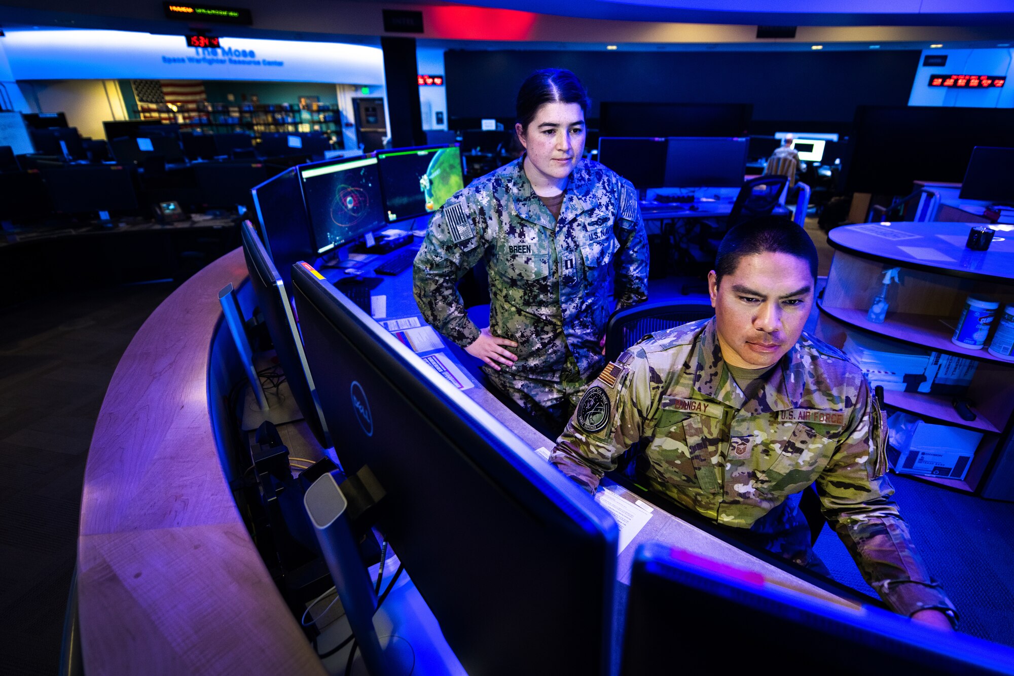 Joint members work at the National Space Defense Center.