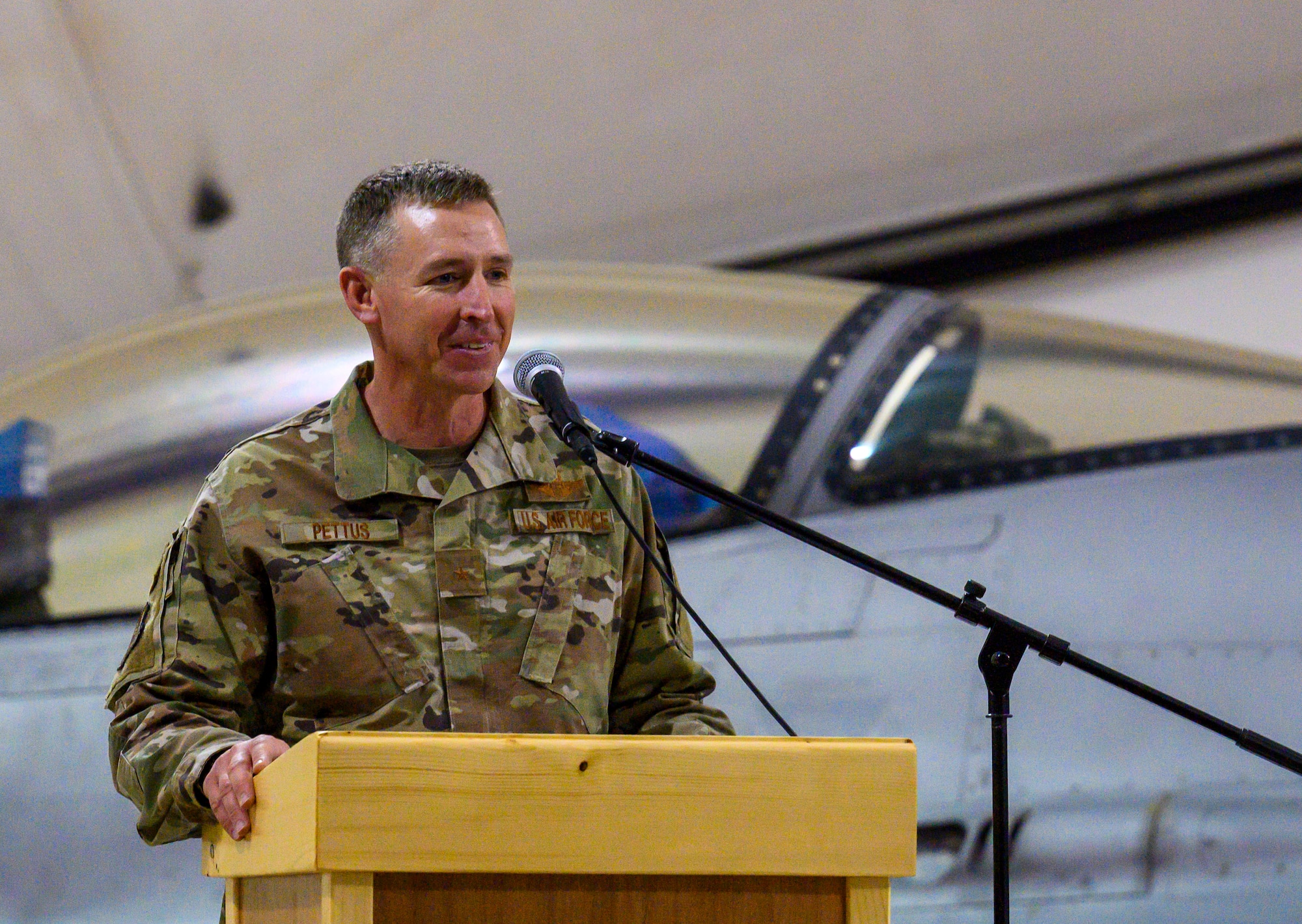 Photo of Gen. Pettus giving his change of command speech.