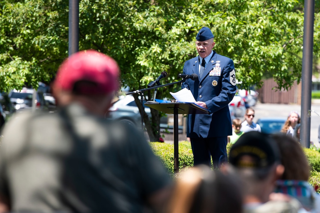 U.S. Air Force Chief Master Sgt. Jason Shaffer, 88th Air Base Wing command chief, provides remarks as the keynote speaker during a Memorial Day ceremony at the veteran’s memorial in Beavercreek, Ohio, May 31, 2021. Established in 1971, Memorial Day is an official federal holiday meant to allow people to honor the men and women who have died while on duty with the U.S. Military. (U.S. Air Force photo by Wesley Farnsworth)