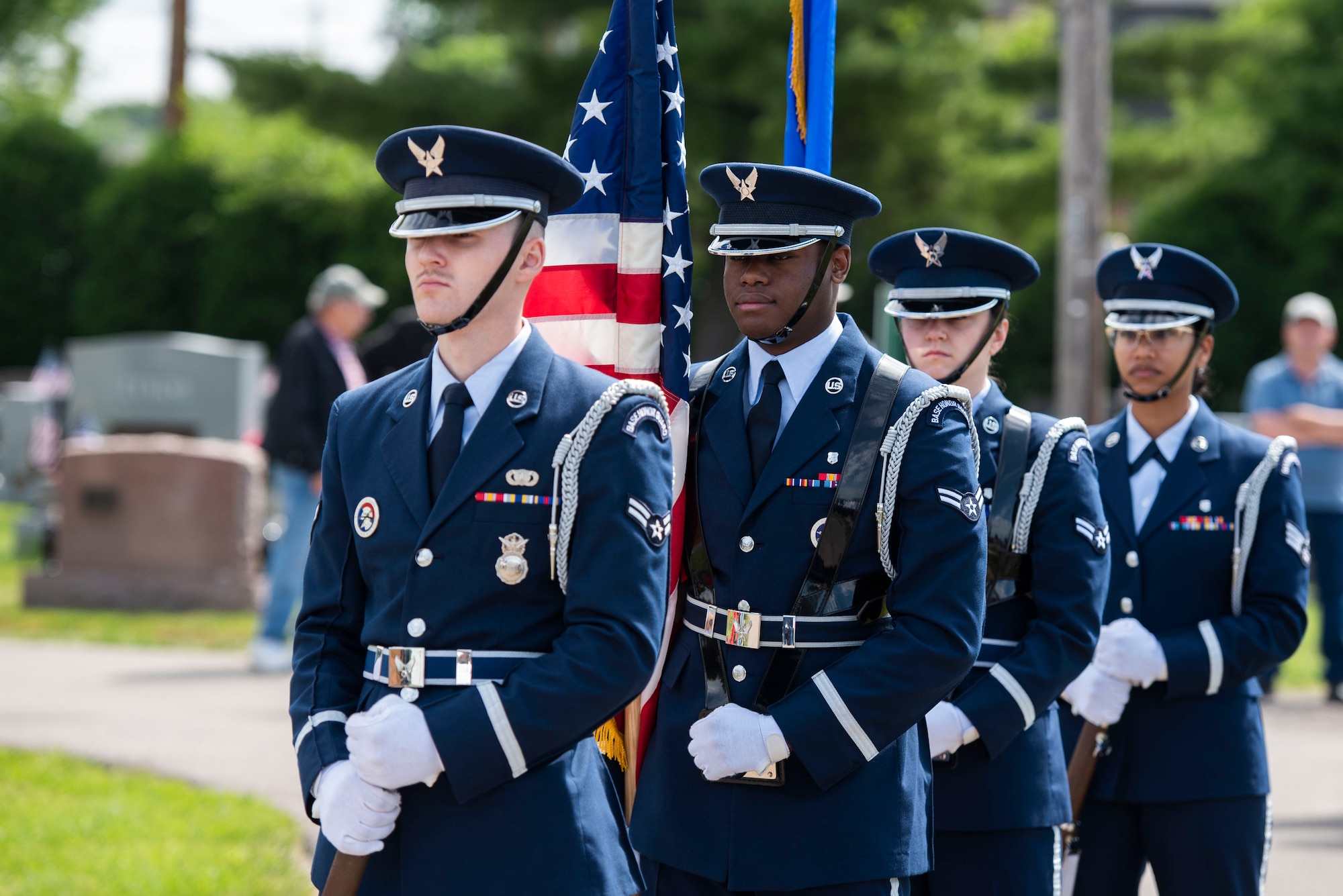 Honor Guard members from Wright-Patterson Air Force Base, Ohio, line up to present the colors during a Memorial Day ceremony in Fairborn, Ohio, May 31, 2021. Established in 1971, Memorial Day is an official federal holiday meant to allow people to honor the men and women who have died while on duty with the U.S. Military. (U.S. Air Force photo by Wesley Farnsworth)