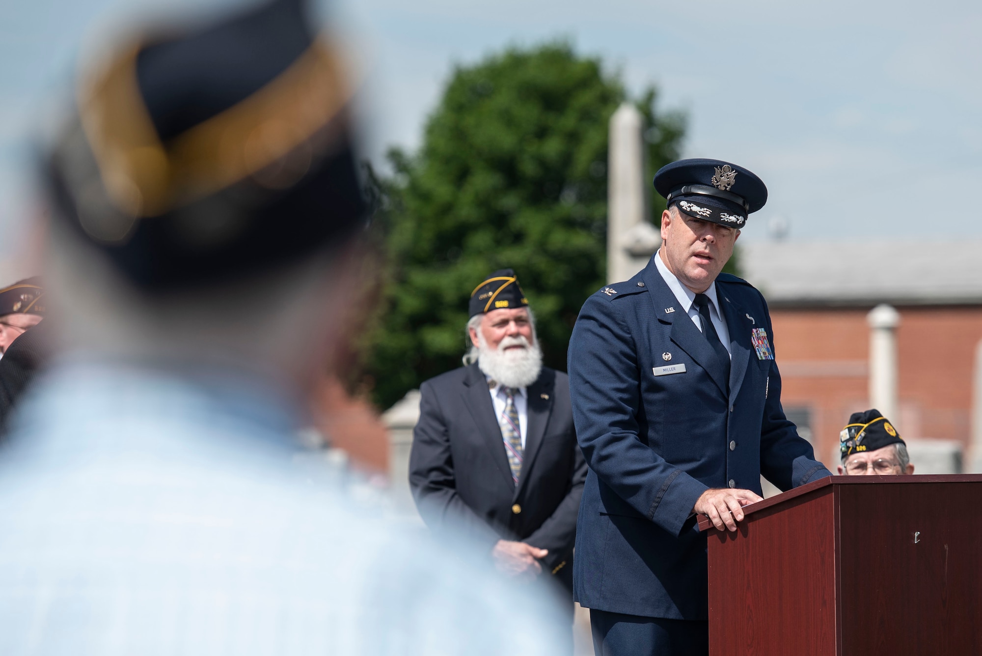 U.S. Air Force Col. Patrick Miller, 88th Air Base Wing and Wright-Patterson Air Force Base, Ohio, installation commander, delivers remarks as the keynote speaker during a Memorial Day ceremony in Fairborn, Ohio, May 31, 2021. Established in 1971, Memorial Day is an official federal holiday meant to allow people to honor the men and women who have died while on duty with the U.S. Military. (U.S. Air Force photo by Wesley Farnsworth)