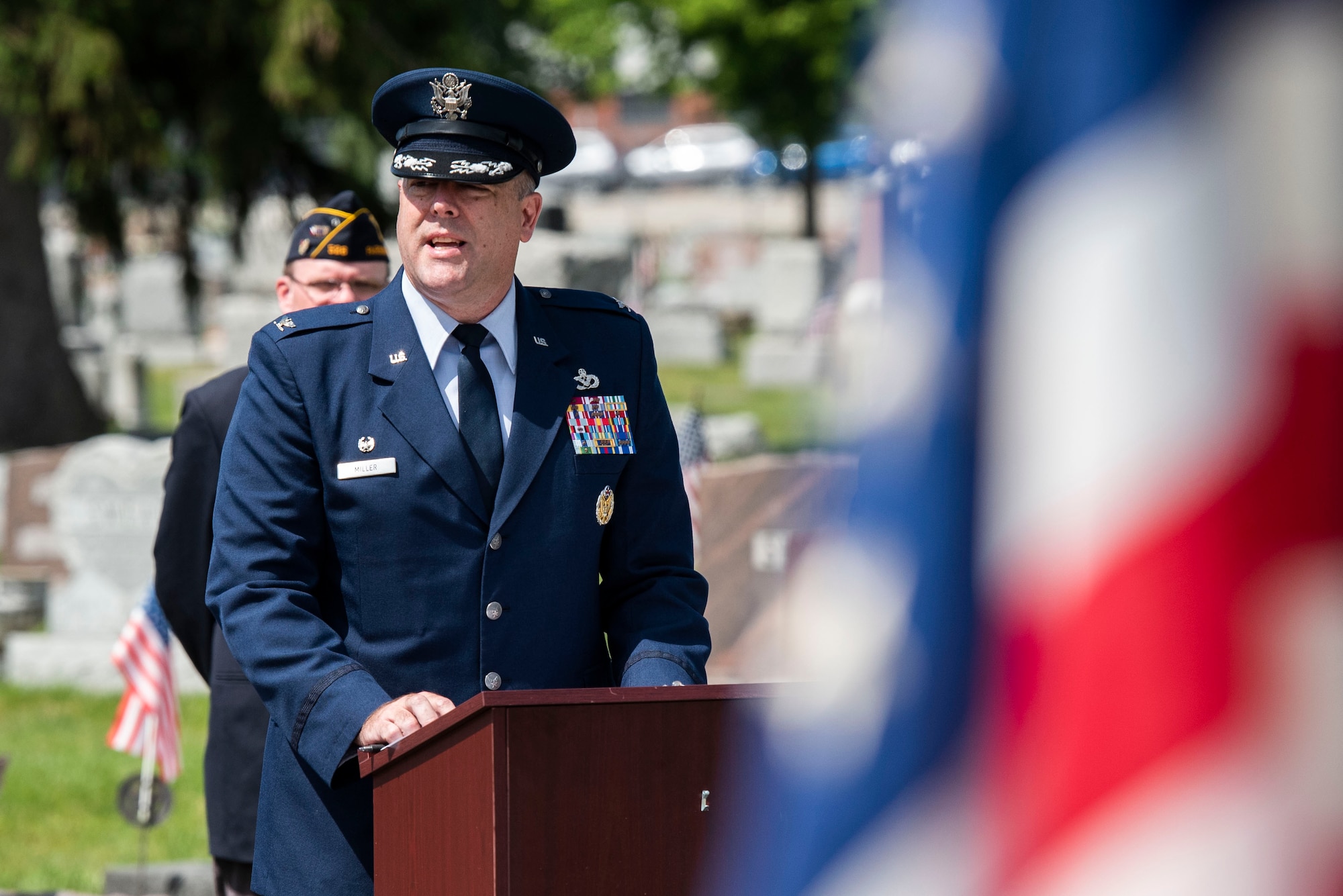 U.S. Air Force Col. Patrick Miller, 88th Air Base Wing and Wright-Patterson Air Force Base, Ohio, installation commander, delivers remarks as the keynote speaker during a Memorial Day ceremony in Fairborn, Ohio, May 31, 2021. Established in 1971, Memorial Day is an official federal holiday meant to allow people to honor the men and women who have died while on duty with the U.S. Military. (U.S. Air Force photo by Wesley Farnsworth)