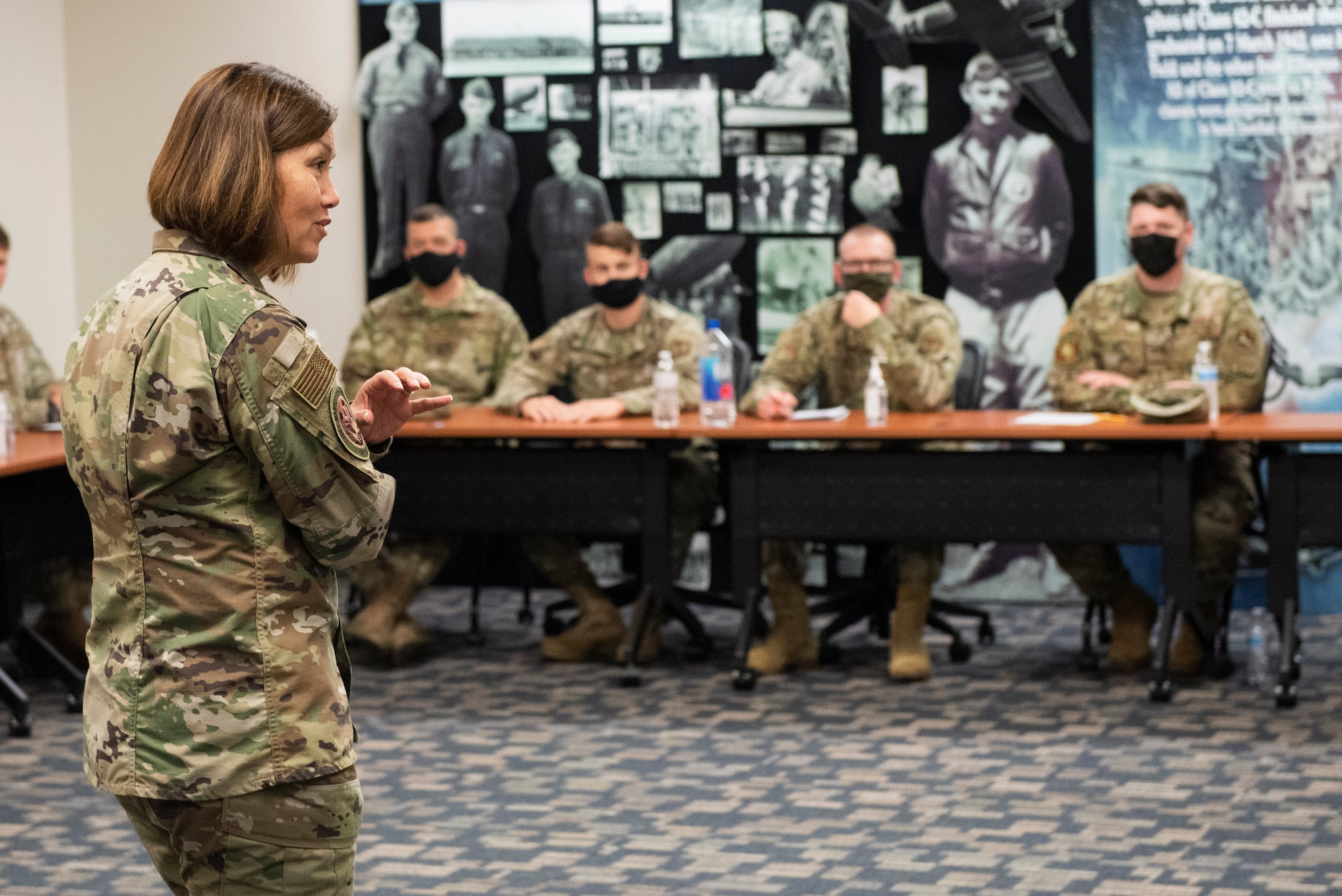 Chief Master Sergeant of the Air Force JoAnne S. Bass visits with Airman Leadership School Class 21-E during her visit June 4, 2021, to Wright-Patterson Air Force Base, Ohio. A three-day base tour brought Bass to several units within the 88th Air Base Wing, Air Force Materiel Command, Air Force Life Cycle Management Center and Air Force Research Laboratory. (U.S. Air Force photo by Wesley Farnsworth)