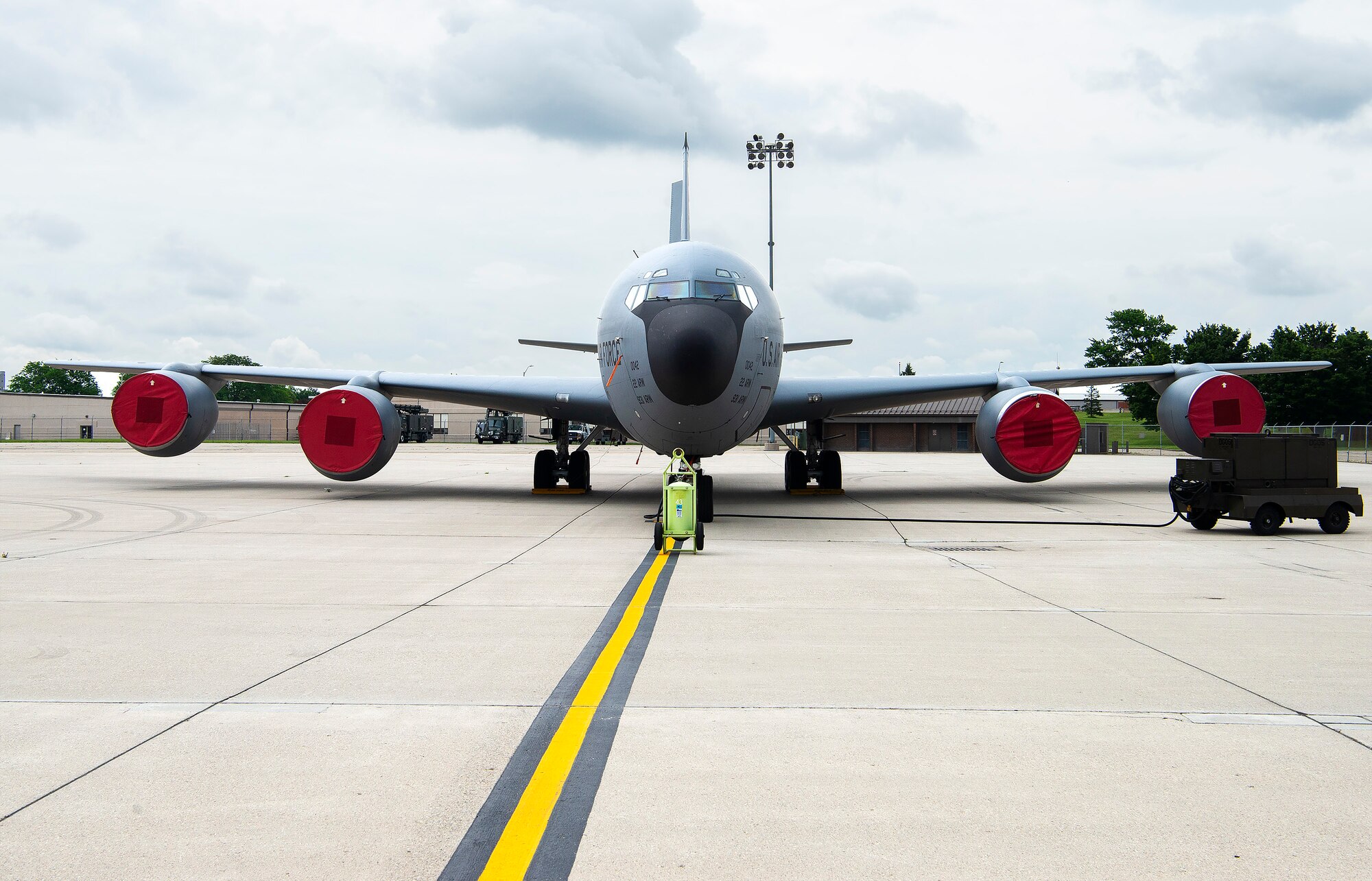 A KC-135 Stratotanker from the 22nd Air Refueling Wing at McConnell Air Force Base, Kansas, sits on the flightline, June 8, 2021 at Wright-Patterson AFB. KC-135 and KC-46 tankers and crew members will be at Wright-Patt through June 18 for a deployment exercise, which includes night-time aerial-refueling training. (U.S. Air Force photo by R.J. Oriez)