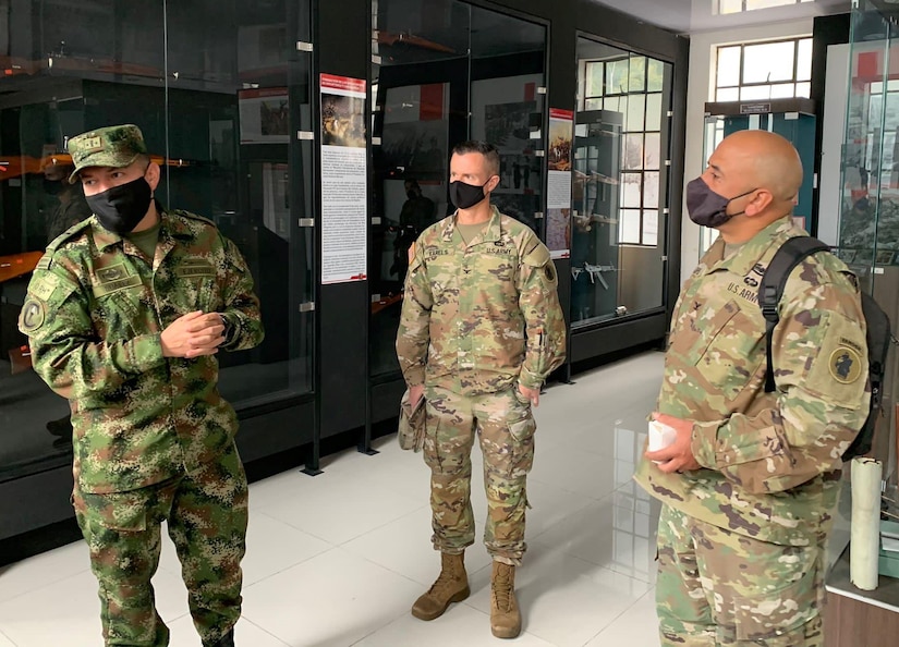 Col. Jeffrey Lopez, right, U.S. Army South Security Cooperation Directorate chief, and Col. Chip Karels, center, U.S. Army South G7 Training and Exercises director, tour the Colombian Army Infantry Museum with the Colombian Army Infantry School Commandant Col. Suarez Giraldo Cesar Augusto, left, June 10, in Bogotá, during the 12th Annual U.S., Colombian Army-to-Army Staff Talks.

Each year, the U.S. Army conducts staff talks with the Colombian Army to provide a strategic forum, promote professional relationships and coordinate engagement activities. The U.S. Army designated U.S. Army South as the executive agent for these talks, which are a concrete example of Army South’s security cooperation activities in the region.