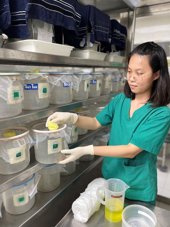 Entomology scientist in green scrubs holding a plastic container of mosquitoes replacing its food source.