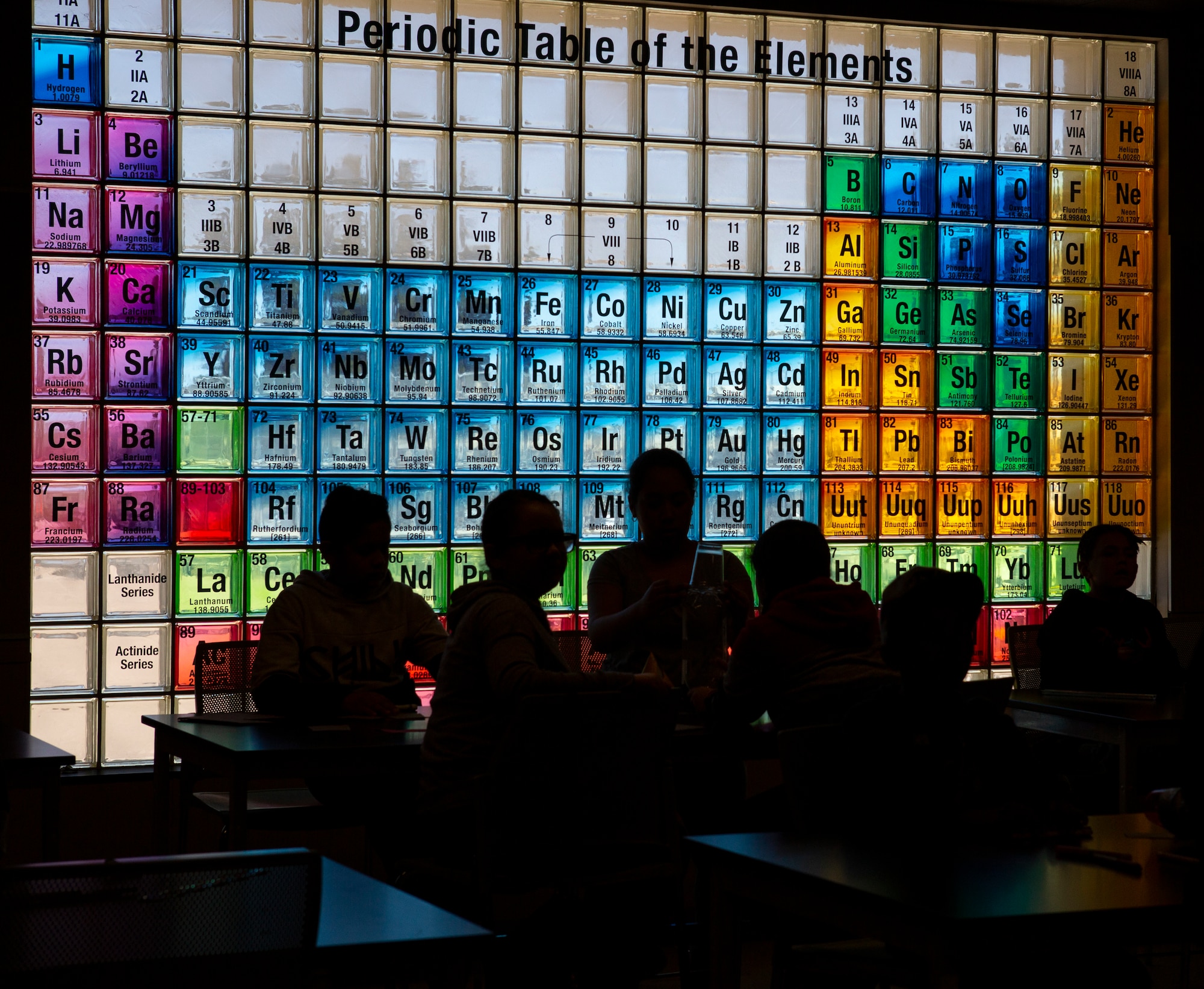 silhouettes of students experimenting with bottle rocket in front of periodic table glass window