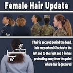 The Air Force revises Air Force Instruction 36-2903 to address differences in hair density and texture June 25, 2021. When hair is secured behind the head, the hair may extend six inches to the left and to the right and six inches protruding from the point where the hair is gathered. The 12-inch total width must allow for proper wear of headgear. (U.S. Air Force graphic)